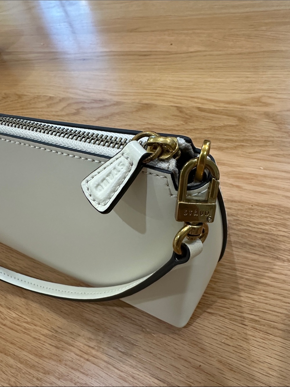 STAUD Cream Leather Top-Zip Shoulder Bag with Gold Hardware - Picture 2 of 8